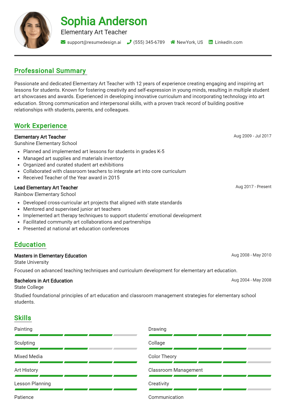 Elementary Art Teacher Resume Example