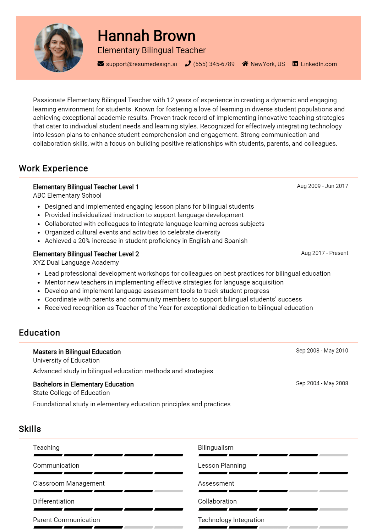 Elementary Bilingual Teacher Resume Example