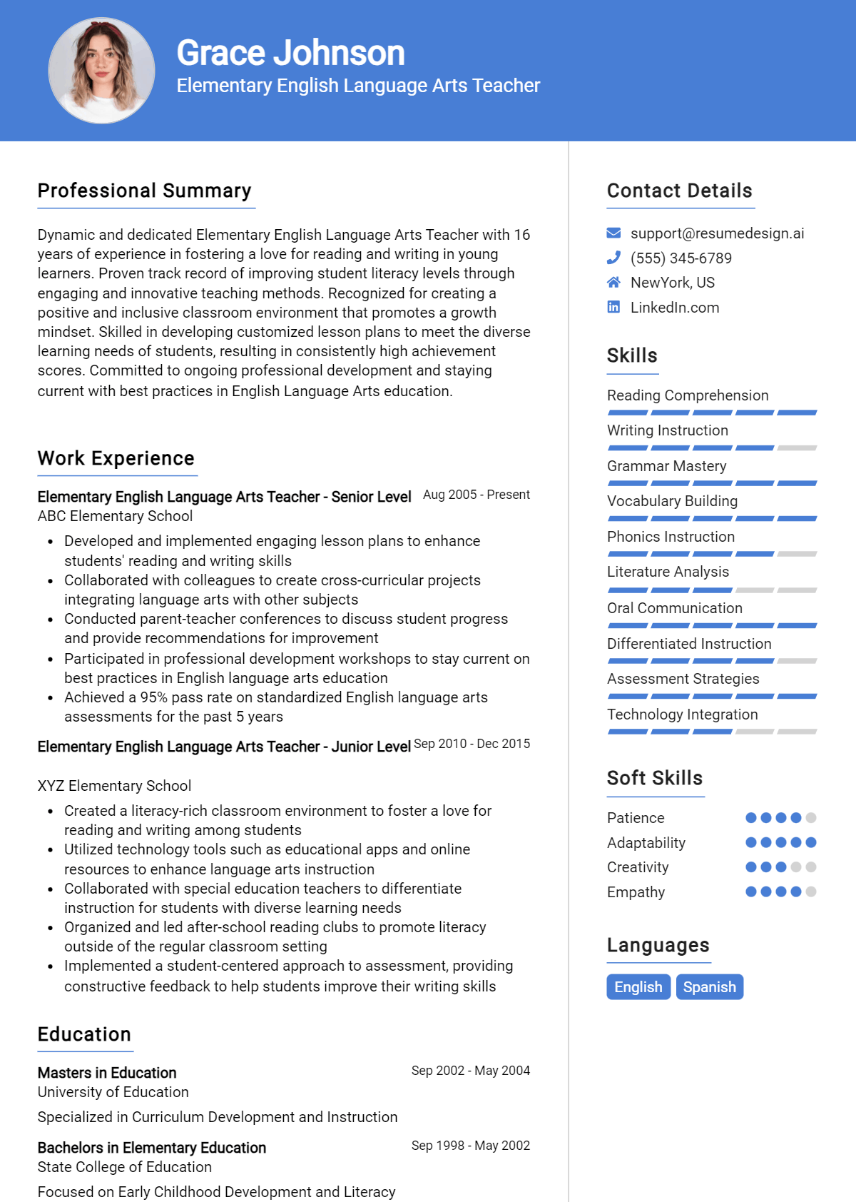 Elementary English Language Arts Teacher Resume Example