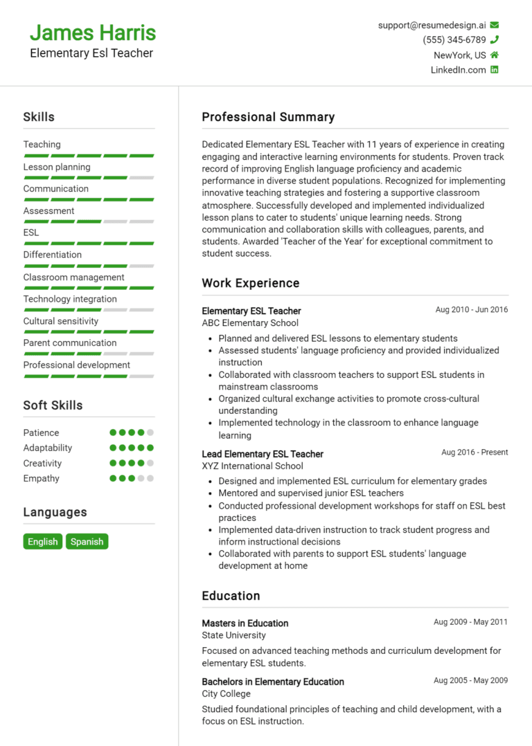 16 Elementary ESL Teacher Resume Examples And Templates for 2025