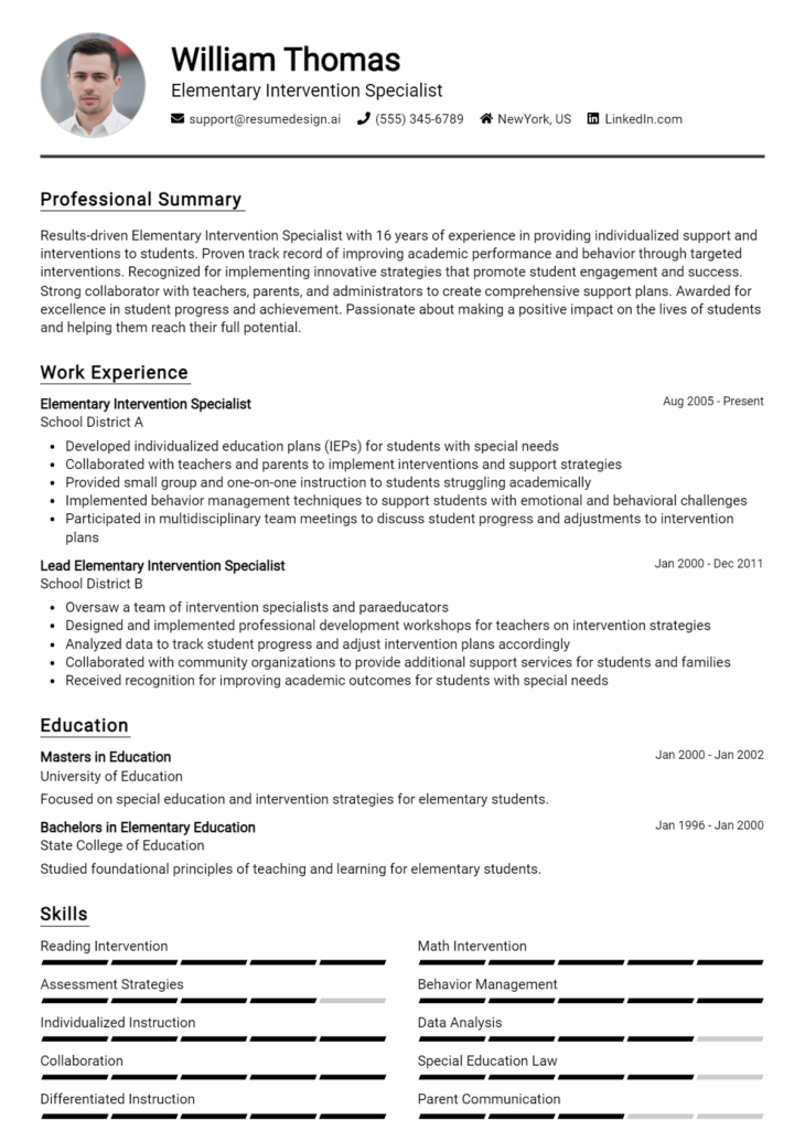 Elementary Intervention Specialist Resume Example