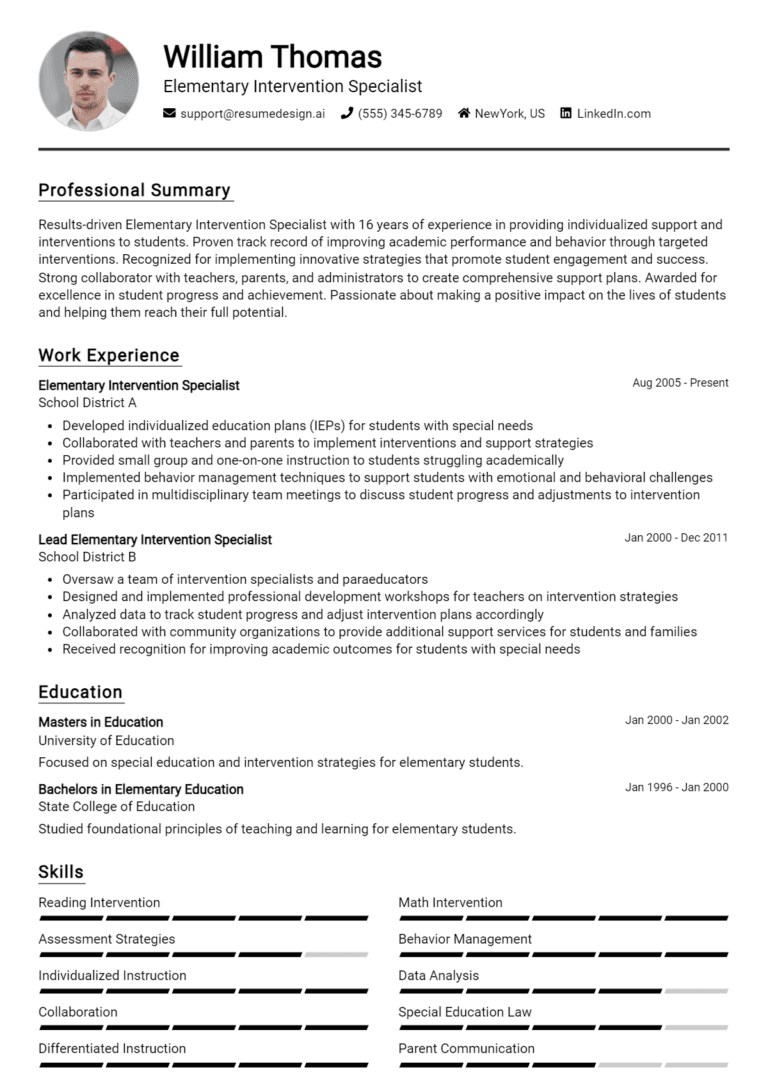 16 Elementary Intervention Specialist Resume Examples And Templates for 2025