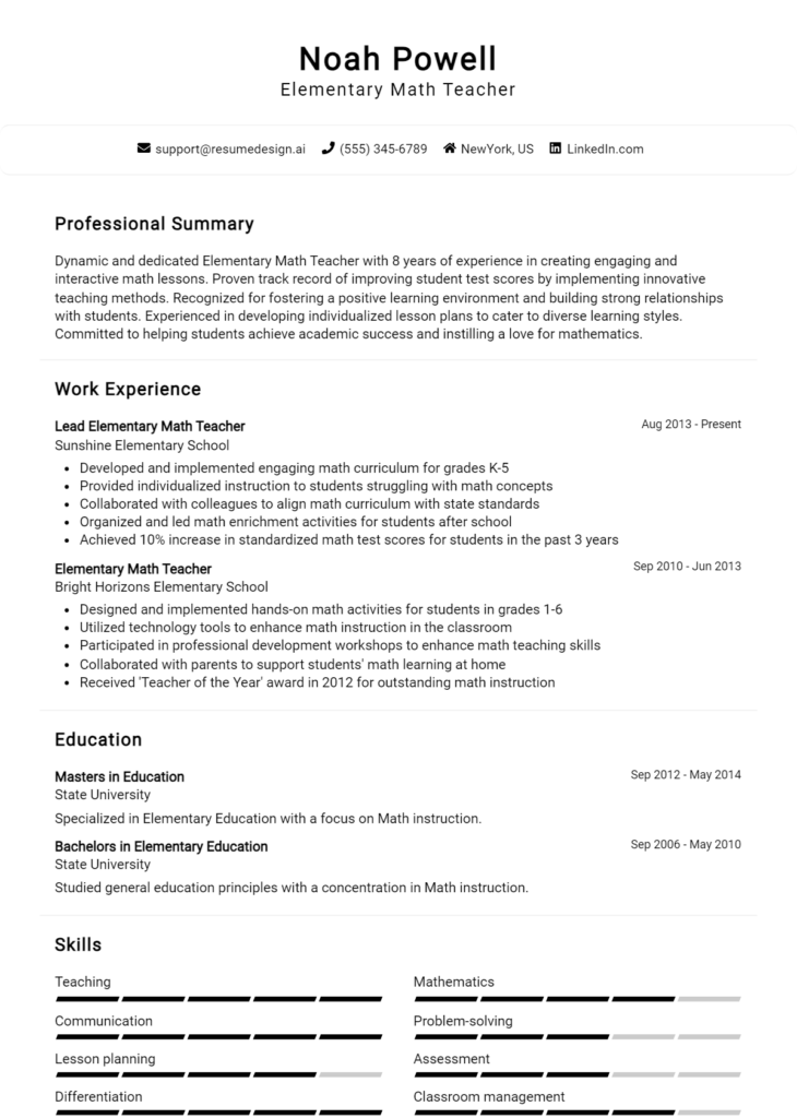 Elementary Math Teacher Resume Example