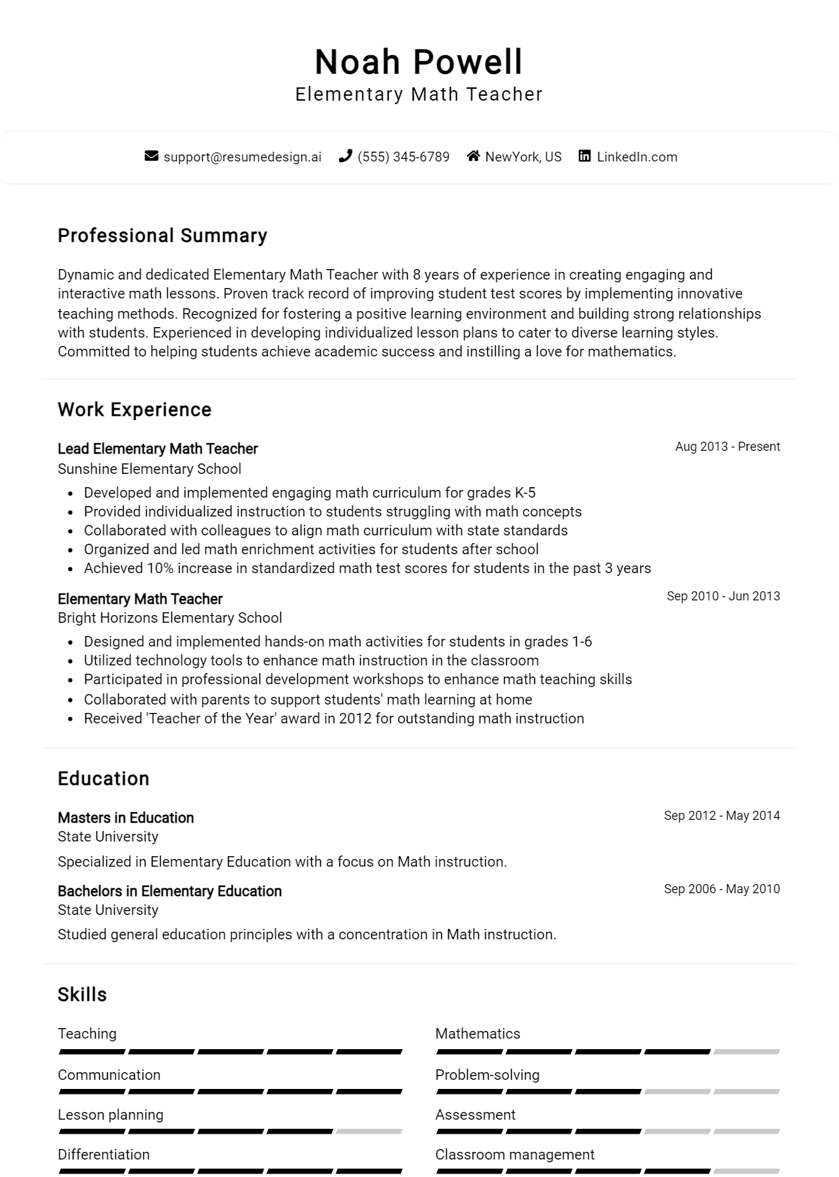 Elementary Math Teacher Resume Example