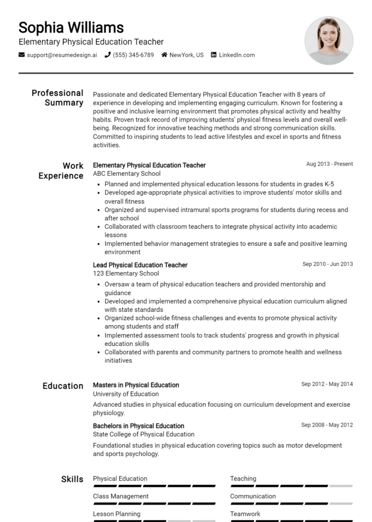 Elementary Physical Education Teacher Resume Example