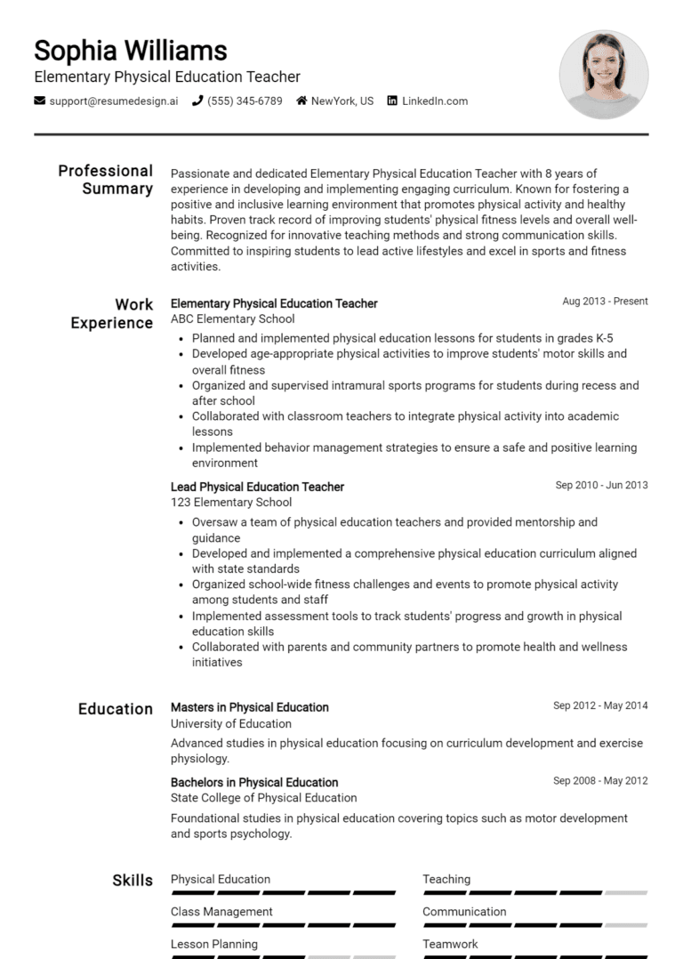16 Elementary Physical Education Teacher Resume Examples And Templates for 2025