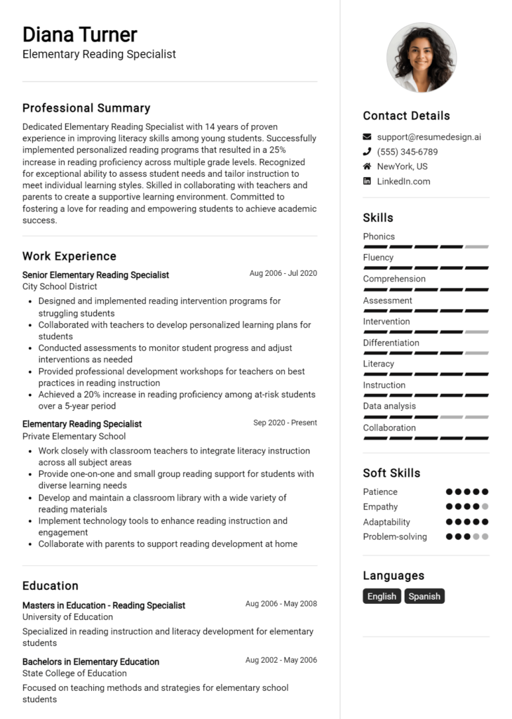 Elementary Reading Specialist Resume Example