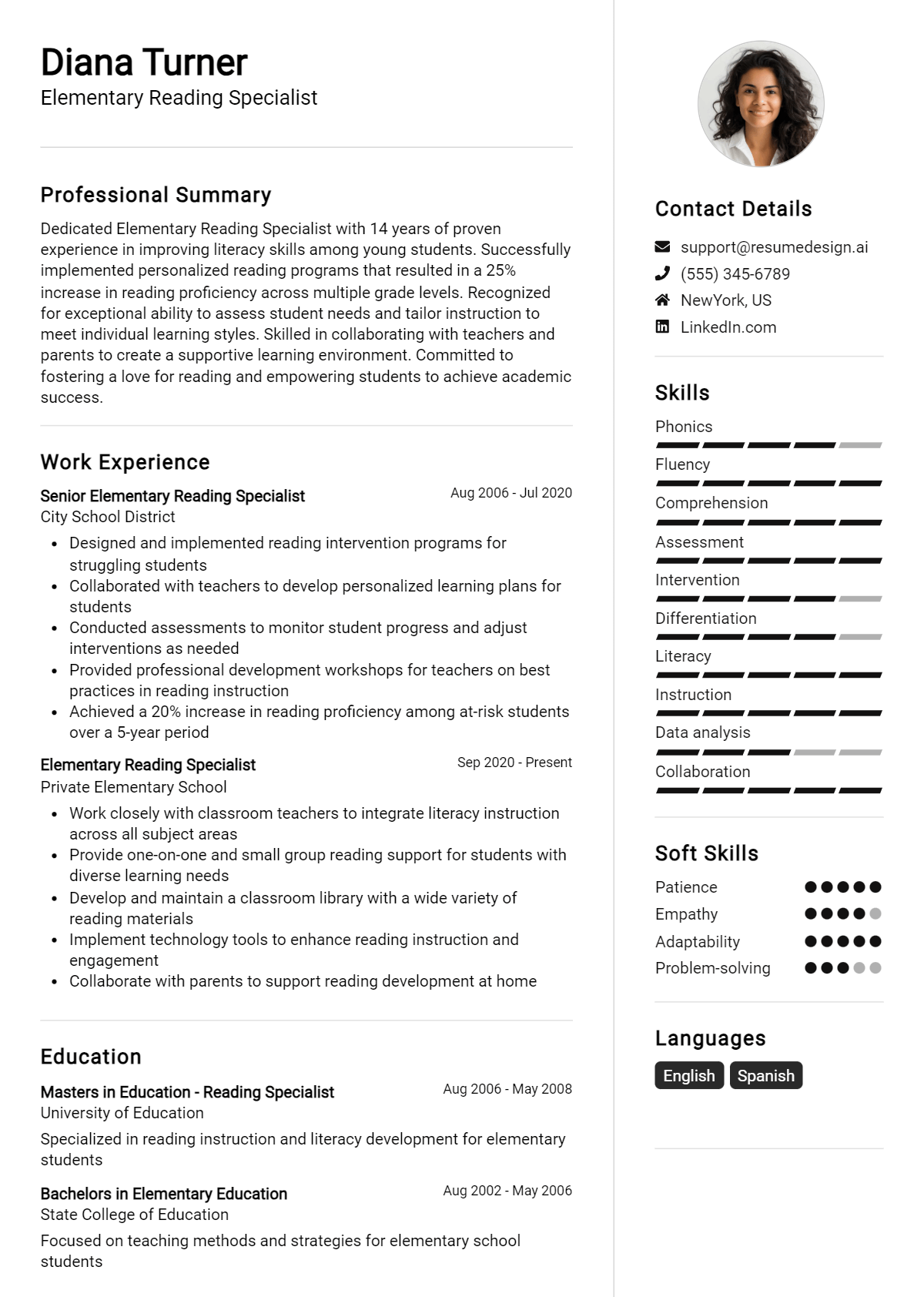 Elementary Reading Specialist Resume Example