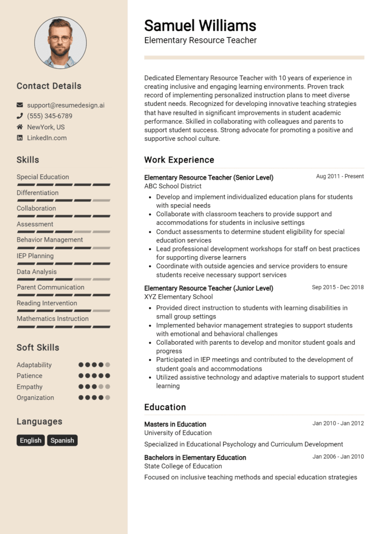 16 Elementary Resource Teacher Resume Examples And Templates for 2025