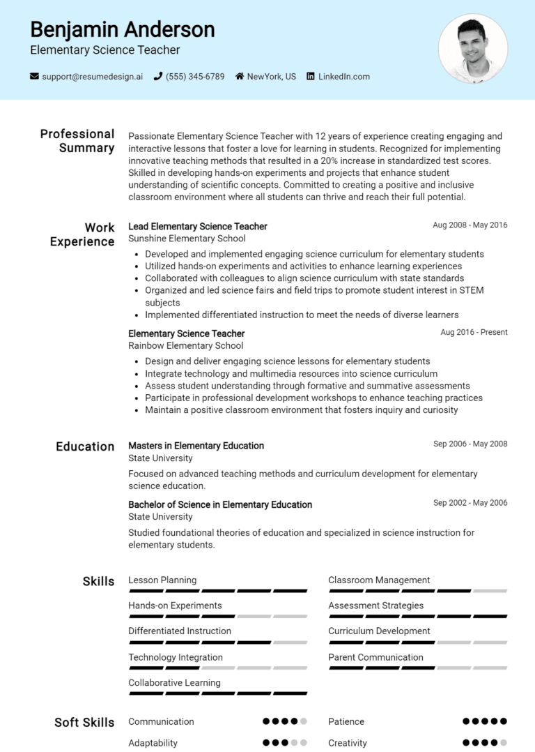 16 Elementary Science Teacher Resume Examples And Templates for 2025 (Downloadable)