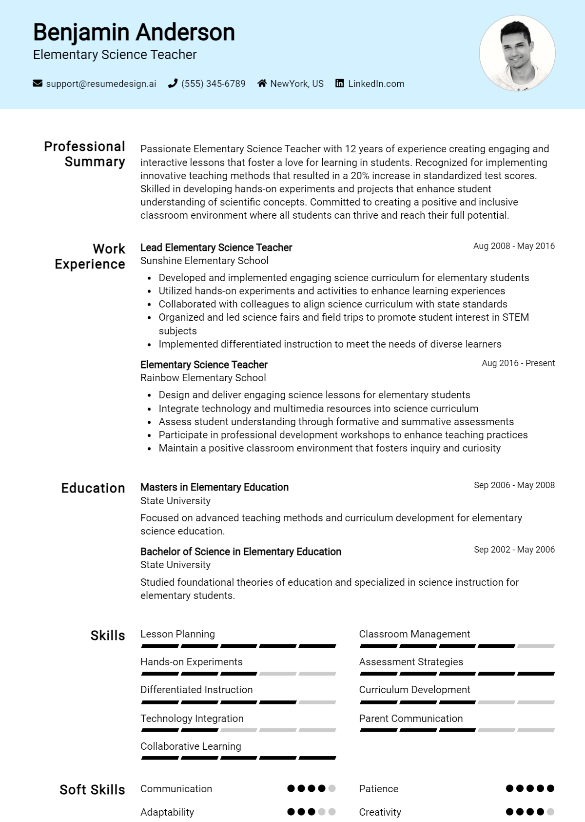 Elementary Science Teacher Resume Example