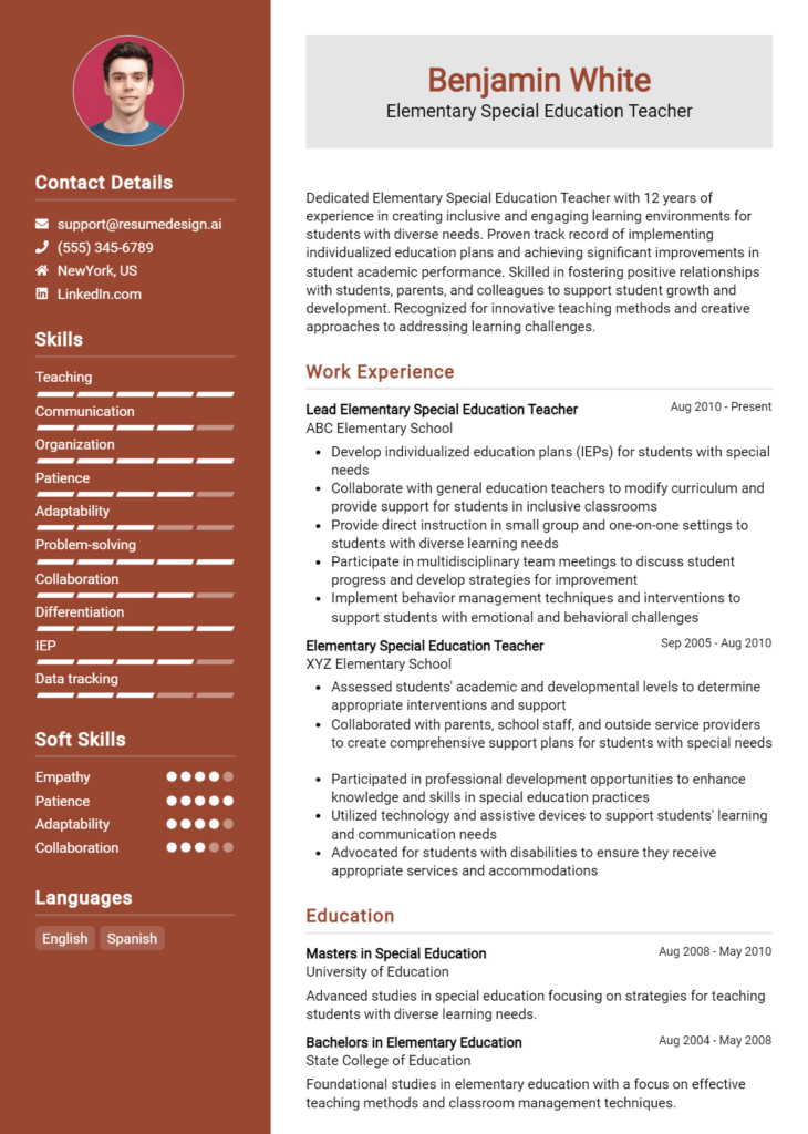 Elementary Special Education Teacher Resume Example