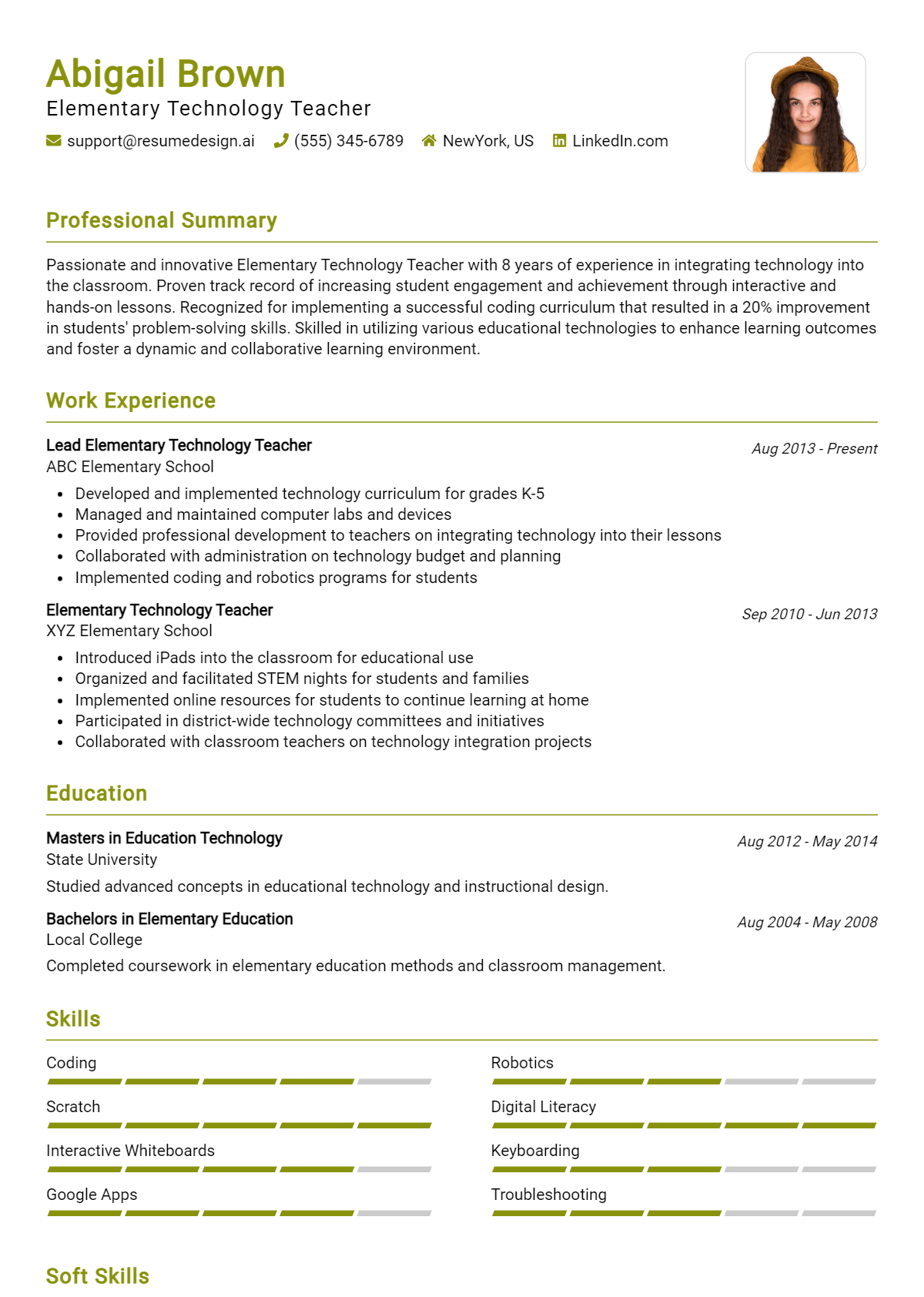 Elementary Technology Teacher Resume Example