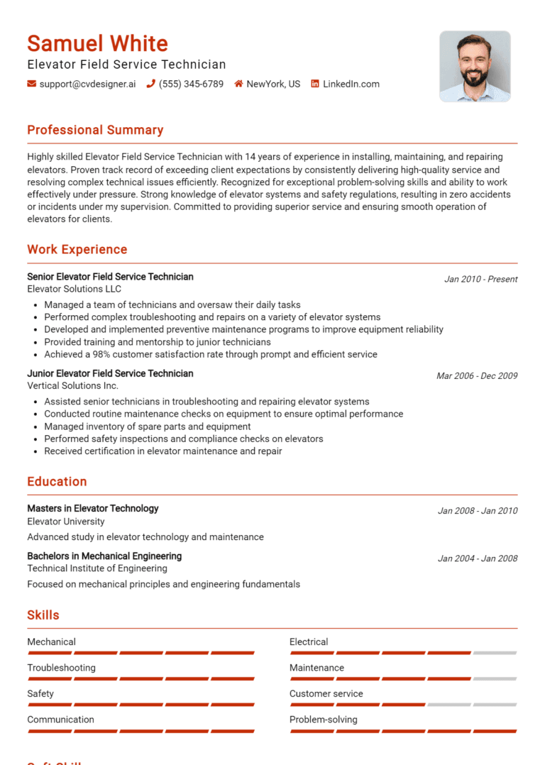 8 Elevator Field Service Technician Resume Examples And Templates for 2025