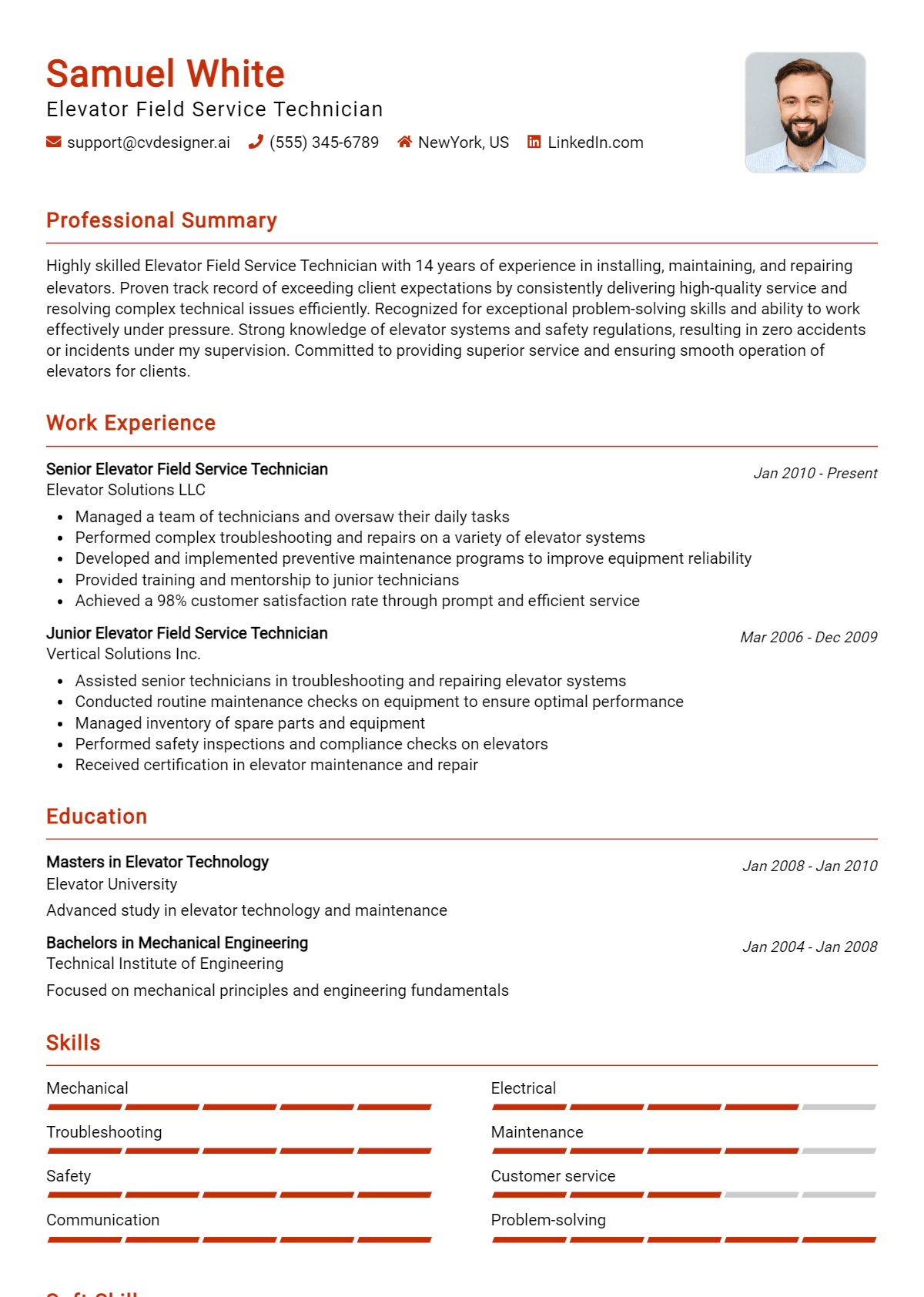 Elevator Field Service Technician Resume Example