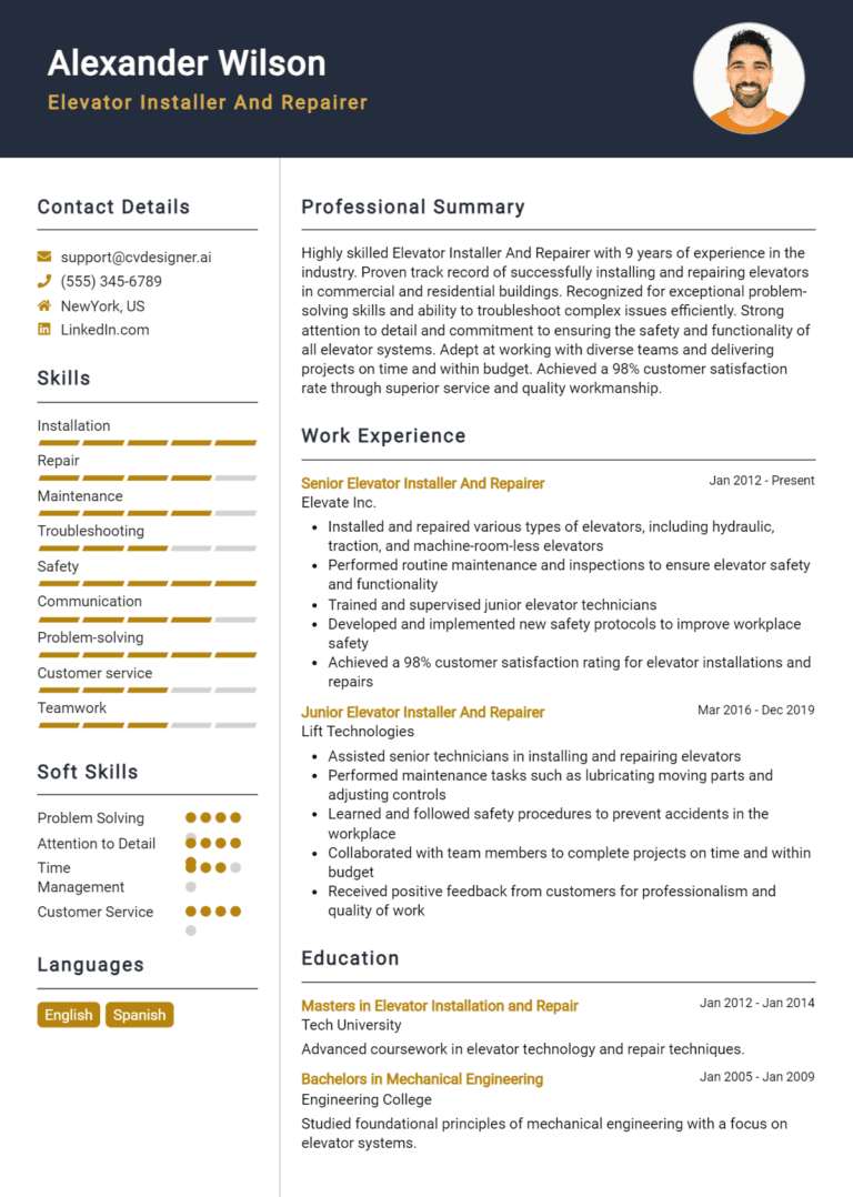 8 Elevator Installer and Repairer Resume Examples And Templates for 2025