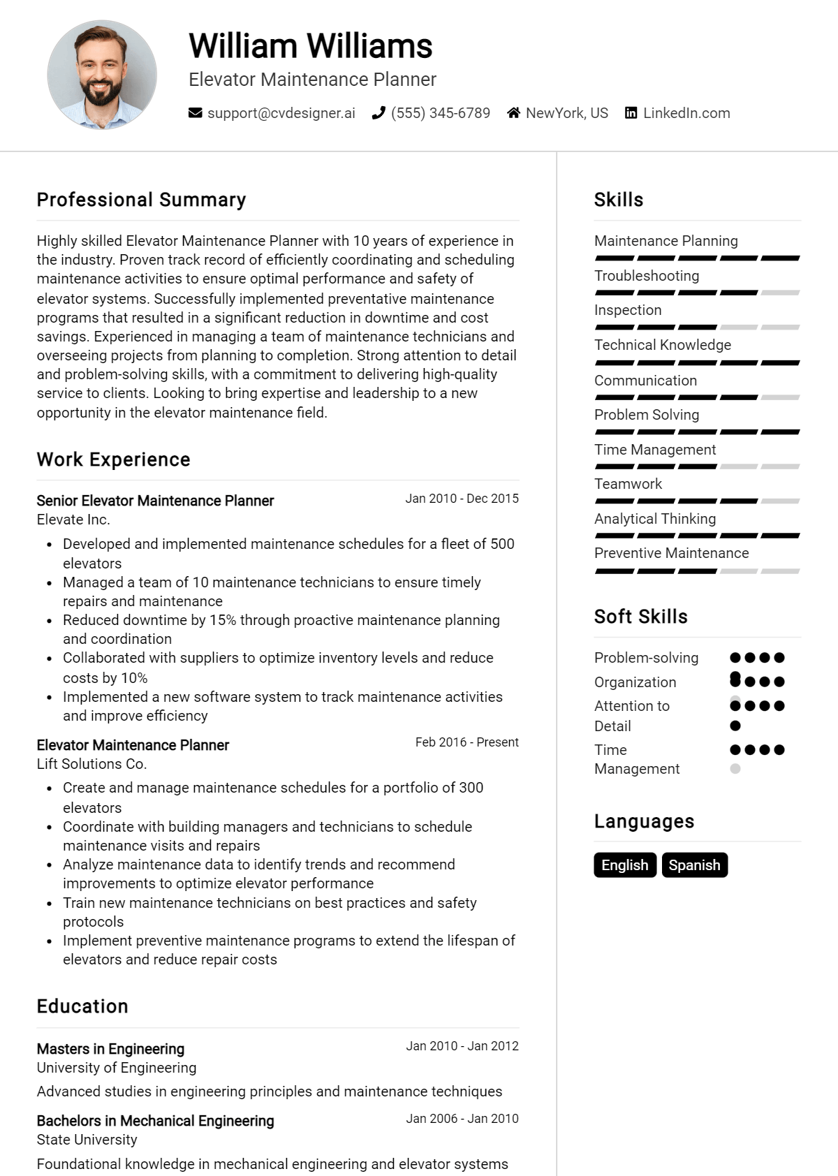 Elevator Maintenance Planner Resume Example