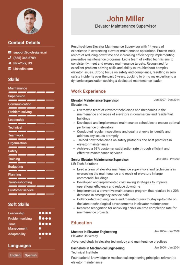 8 Elevator Maintenance Supervisor Resume Examples And Templates for 2025