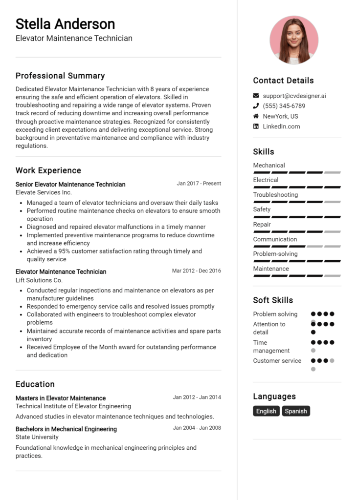 Elevator Maintenance Technician Resume Example