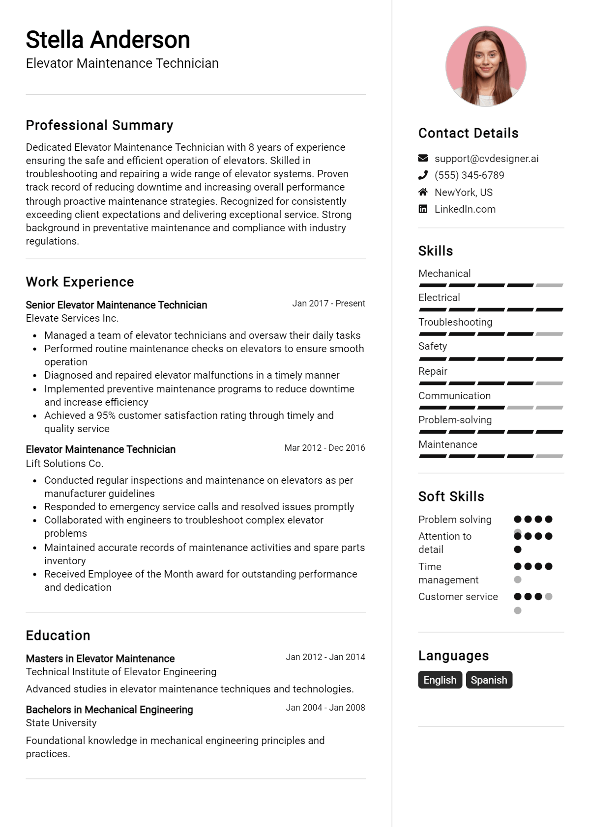 Elevator Maintenance Technician Resume Example