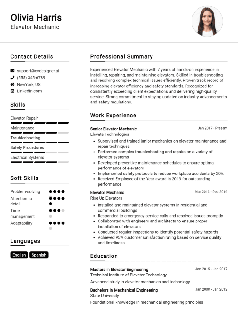 8 Elevator Mechanic Resume Examples And Templates for 2025