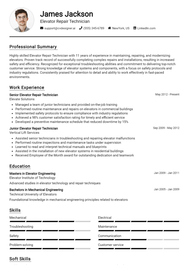 Elevator Repair Technician Resume Example