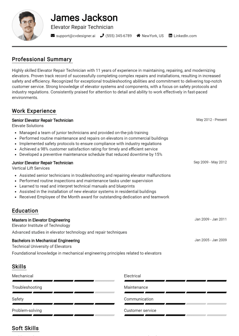 8 Elevator Repair Technician Resume Examples And Templates for 2025