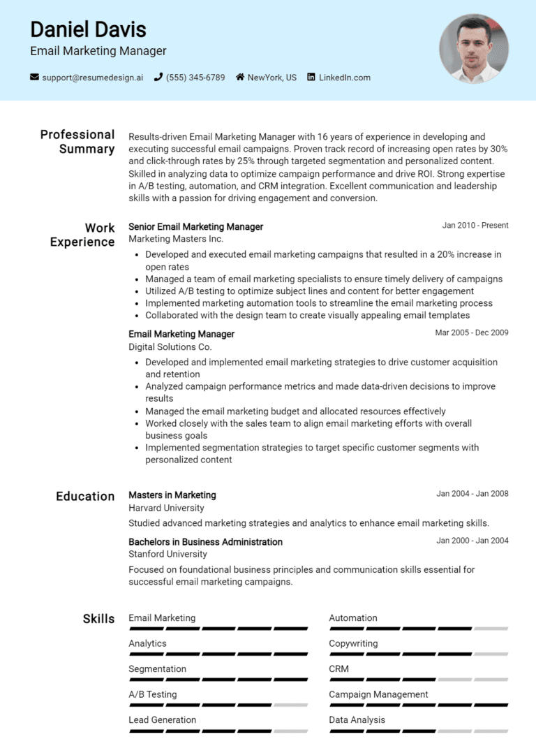 14 Email Marketing Manager Resume Examples And Templates for 2025