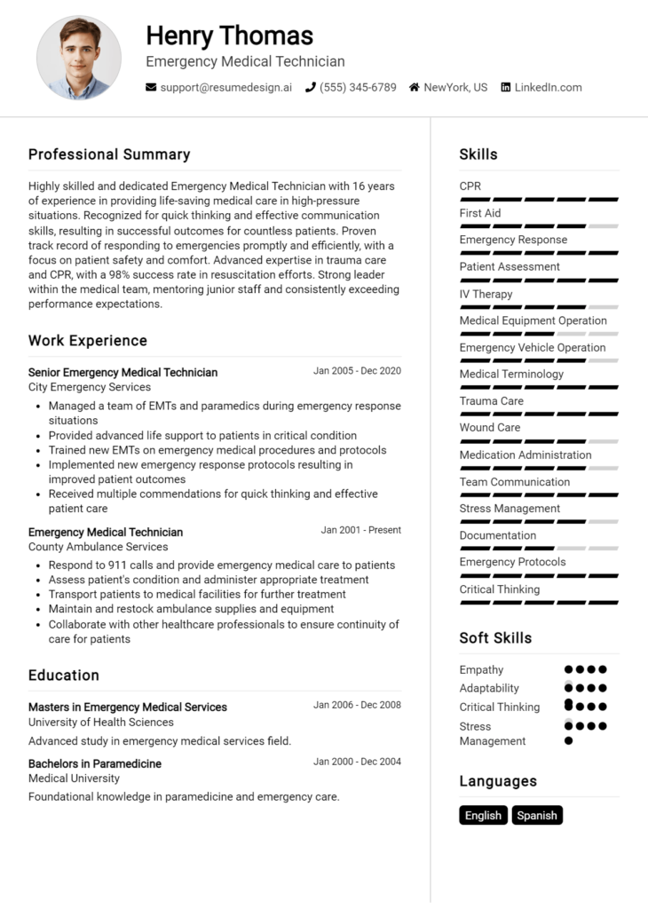 Emergency Medical Technician Resume Example