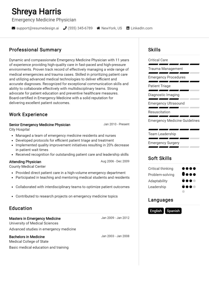 Emergency Medicine Physician Resume Example