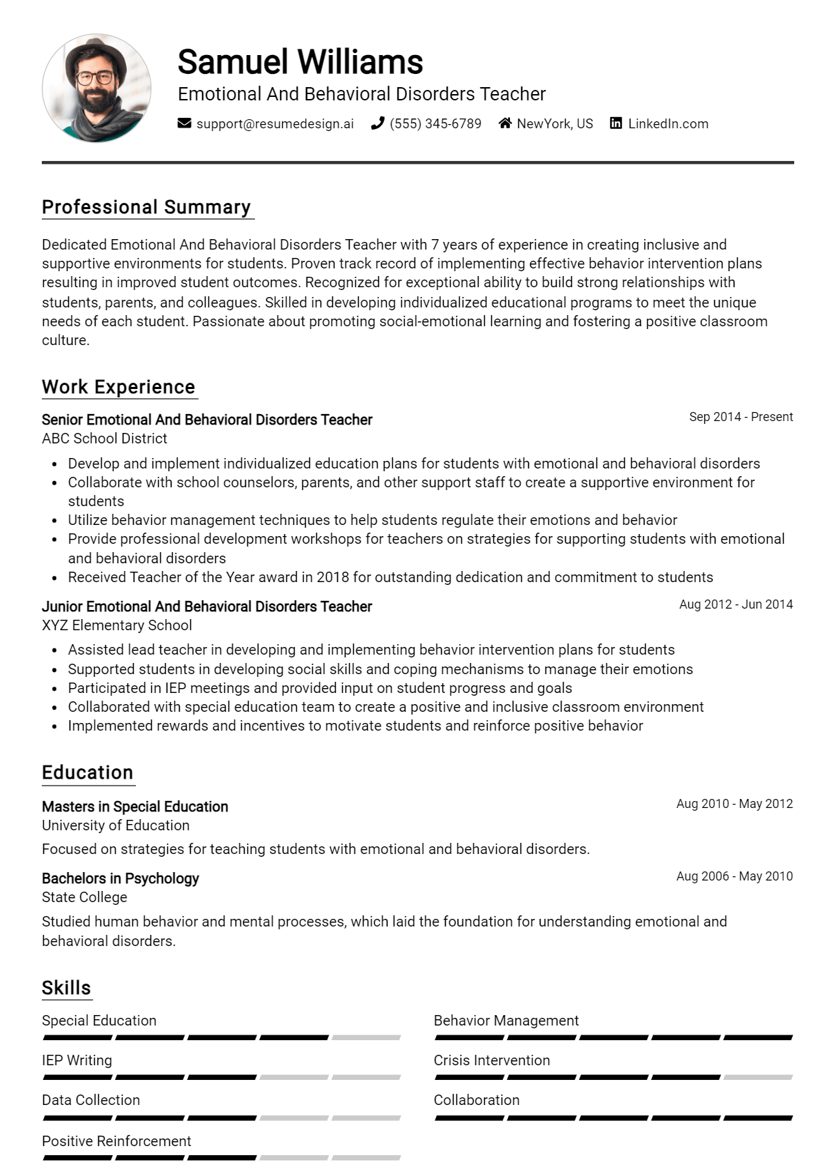 Emotional And Behavioral Disorders Teacher Resume Example