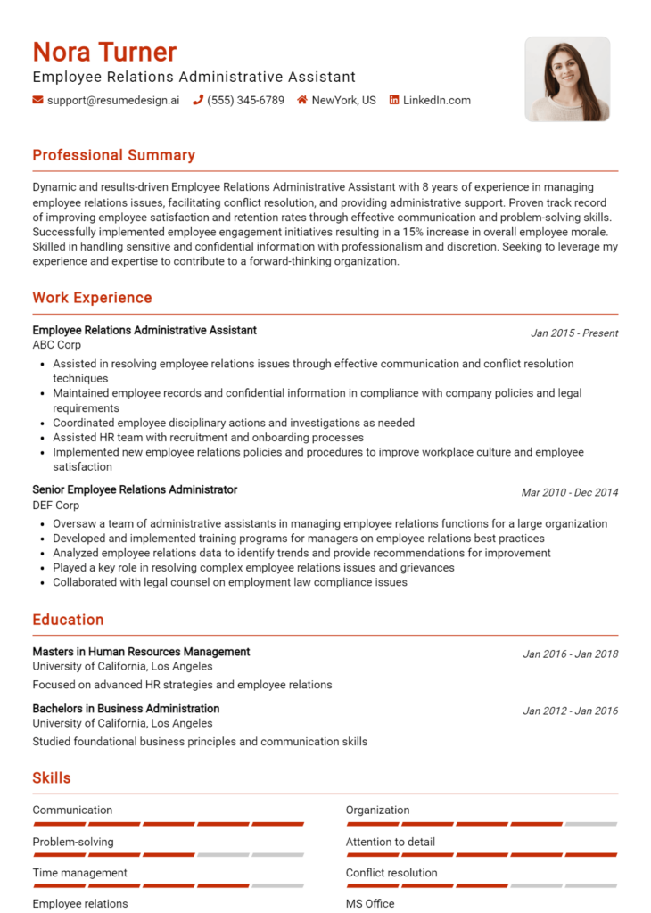 Employee Relations Administrative Assistant Resume Example