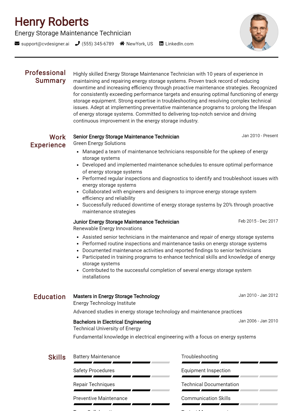 Energy Storage Maintenance Technician Resume Example