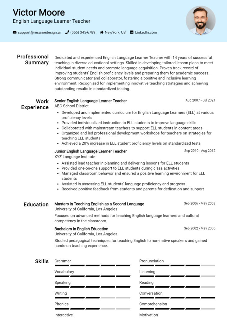 English Language Learner Teacher Resume Example