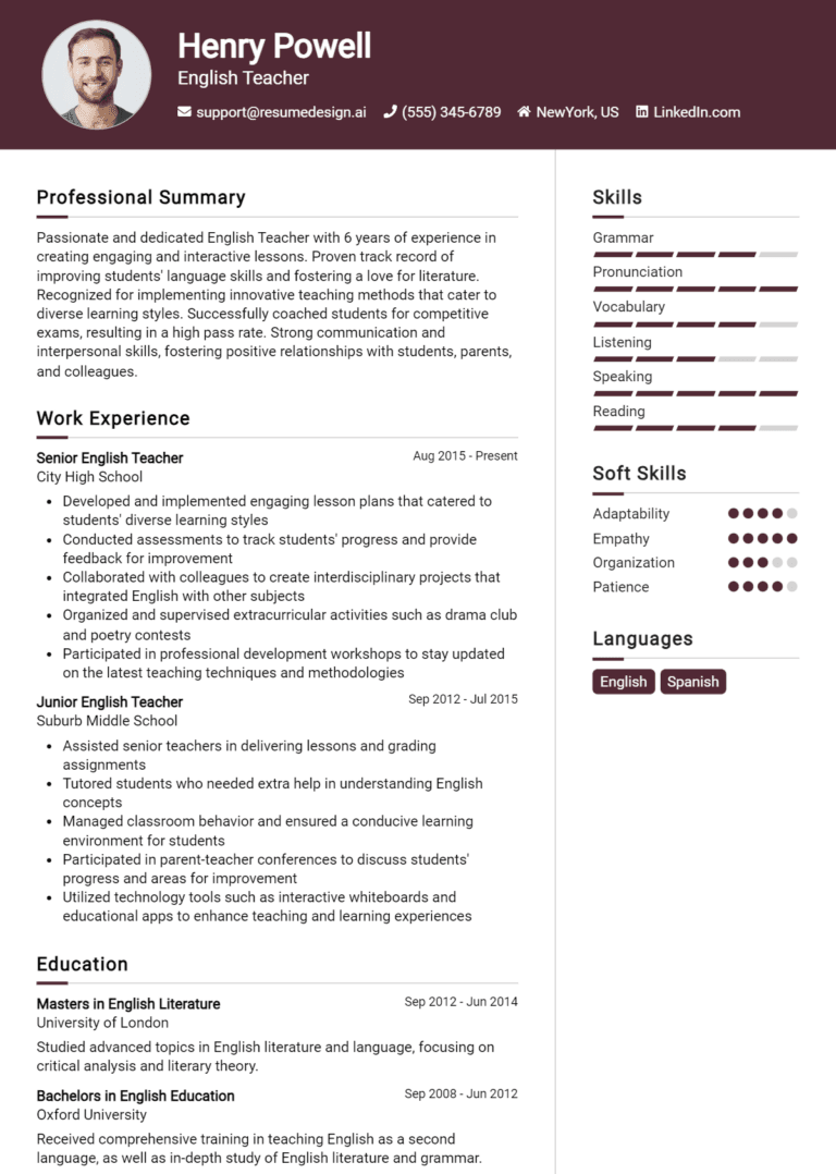 10 English Teacher Resume Examples And Templates for 2025