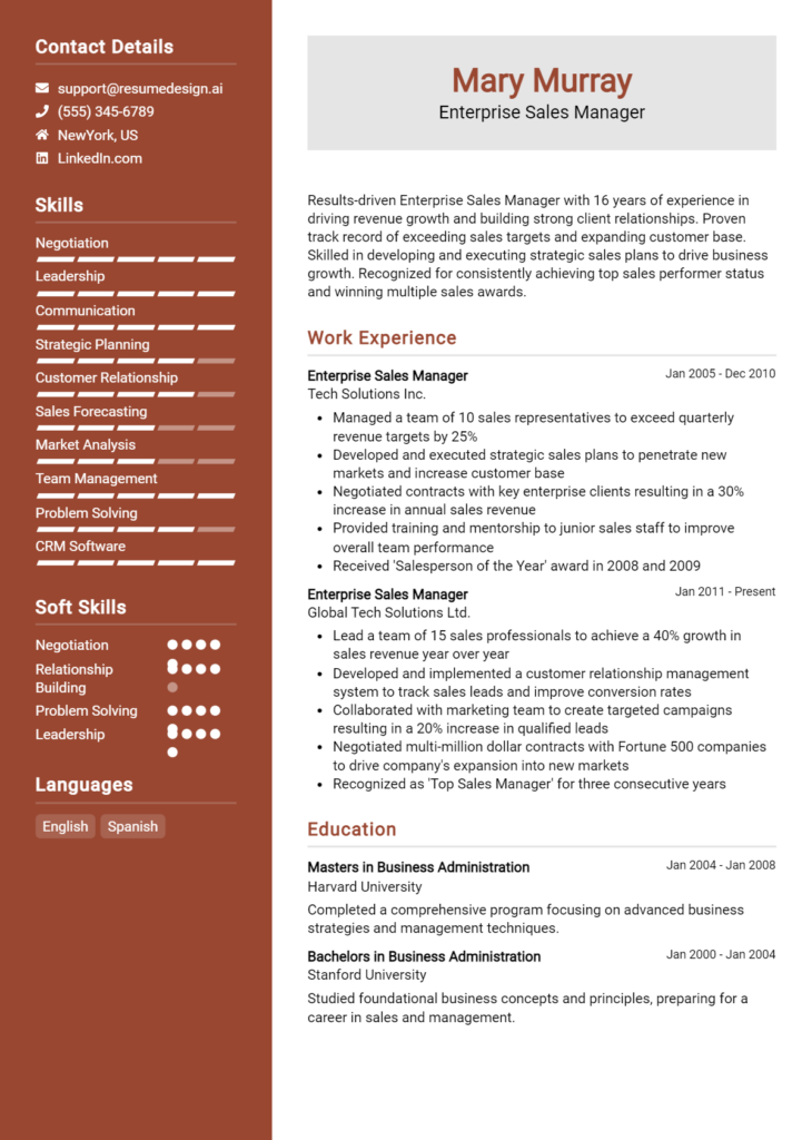 Enterprise Sales Manager Resume Example