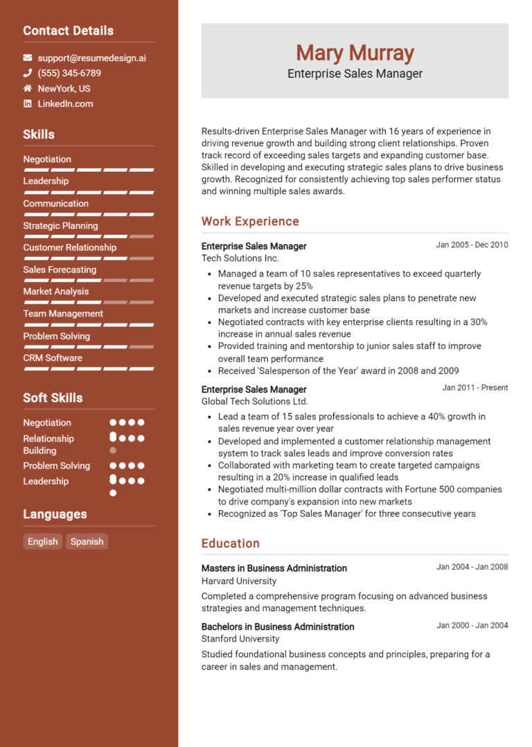 14 Enterprise Sales Manager Resume Examples And Templates for 2025