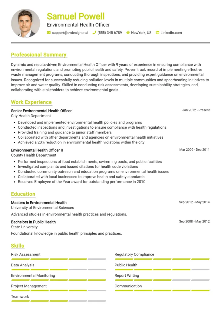 Environmental Health Officer Resume Example