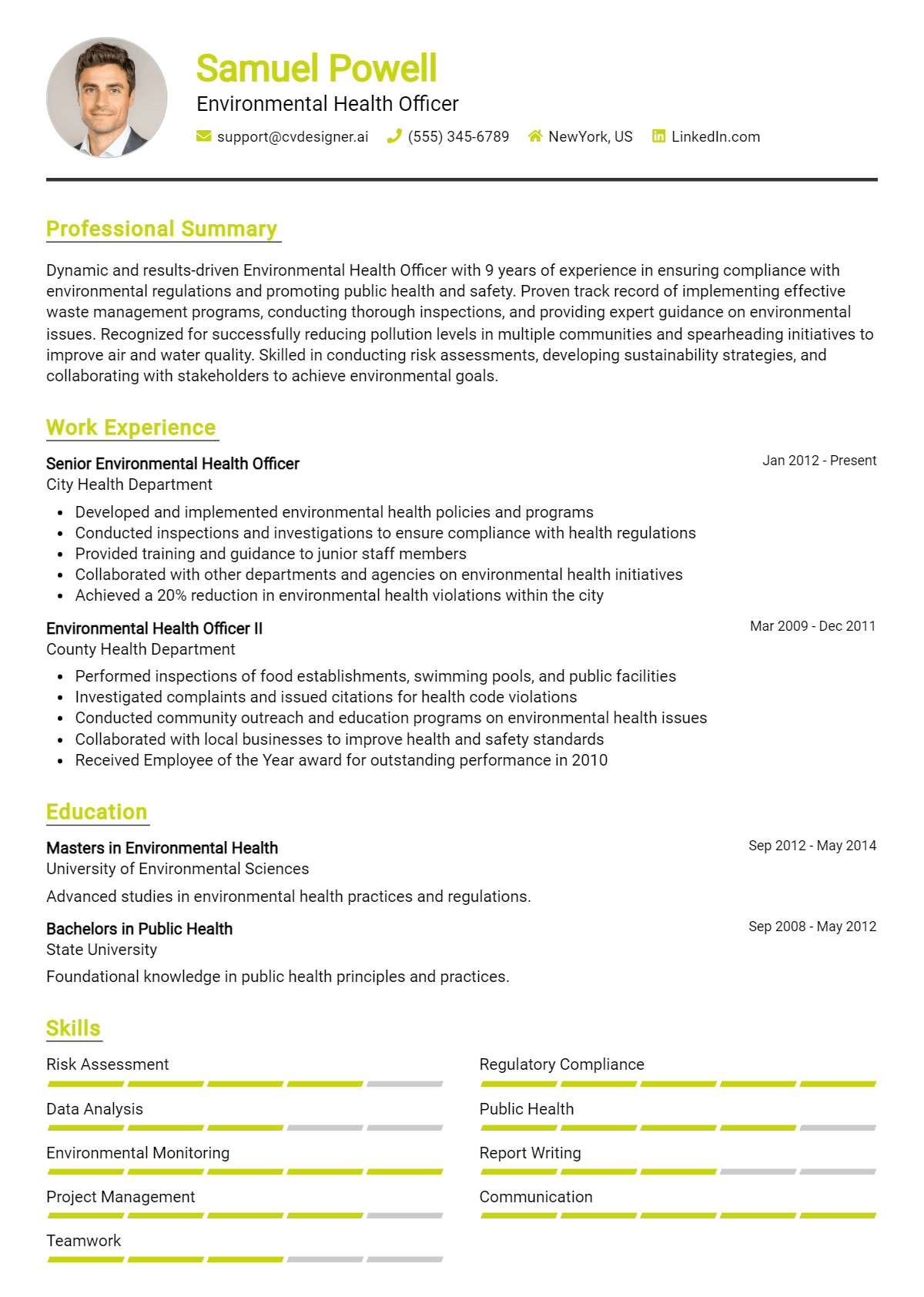 Environmental Health Officer Resume Example