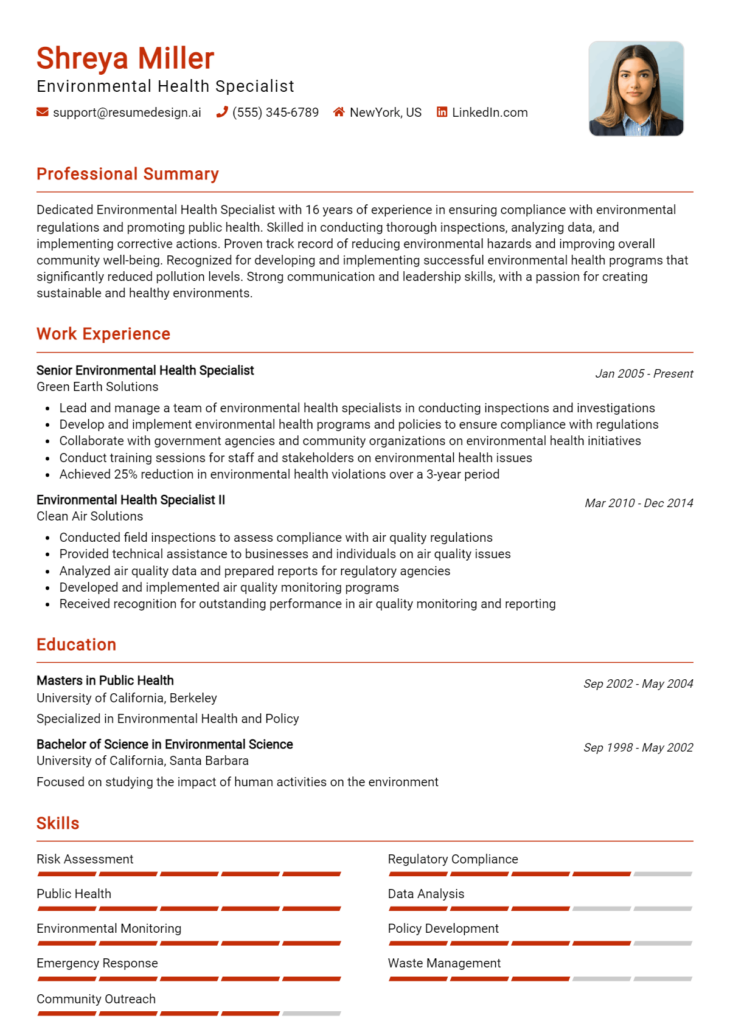 Environmental Health Specialist Resume Example