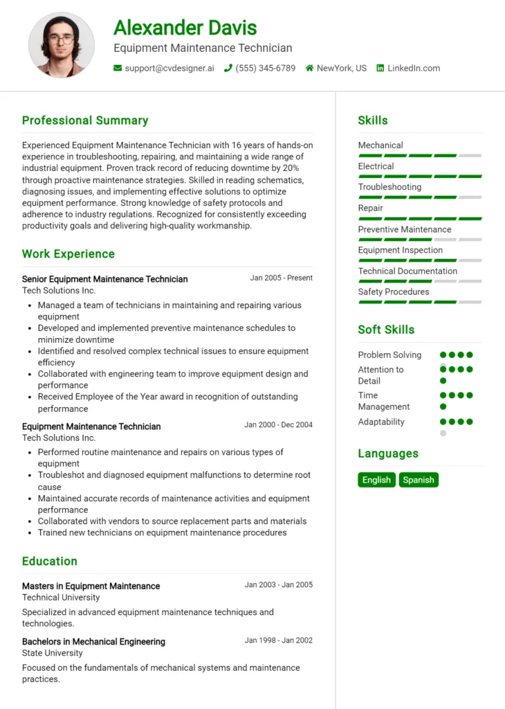 Equipment Maintenance Technician Resume Example