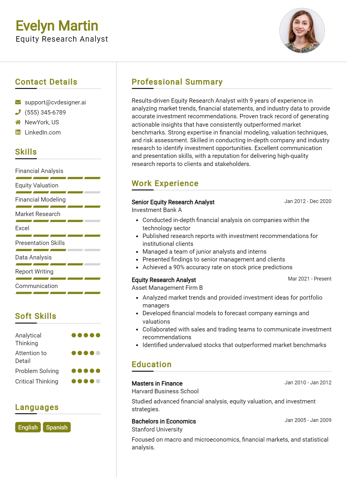 Equity Research Analyst Resume Example