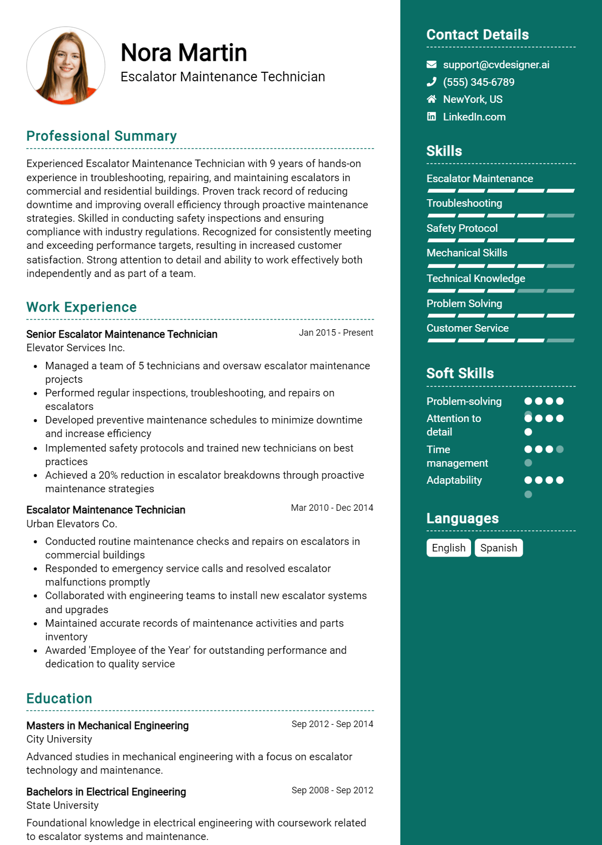 Escalator Maintenance Technician Resume Example