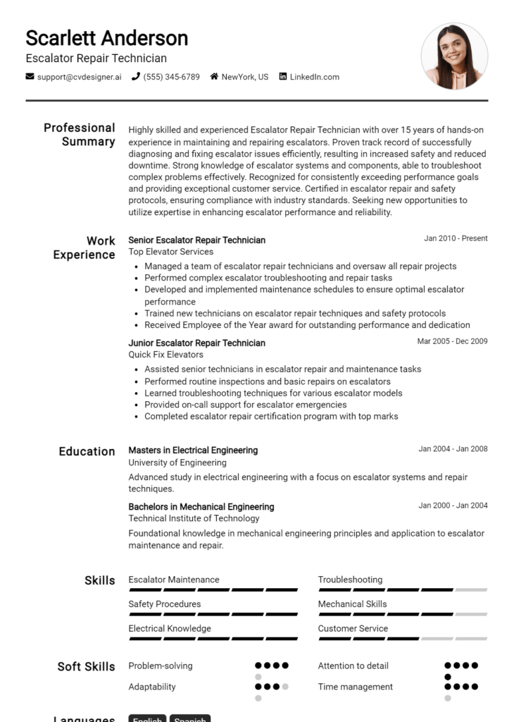 Escalator Repair Technician Resume Example