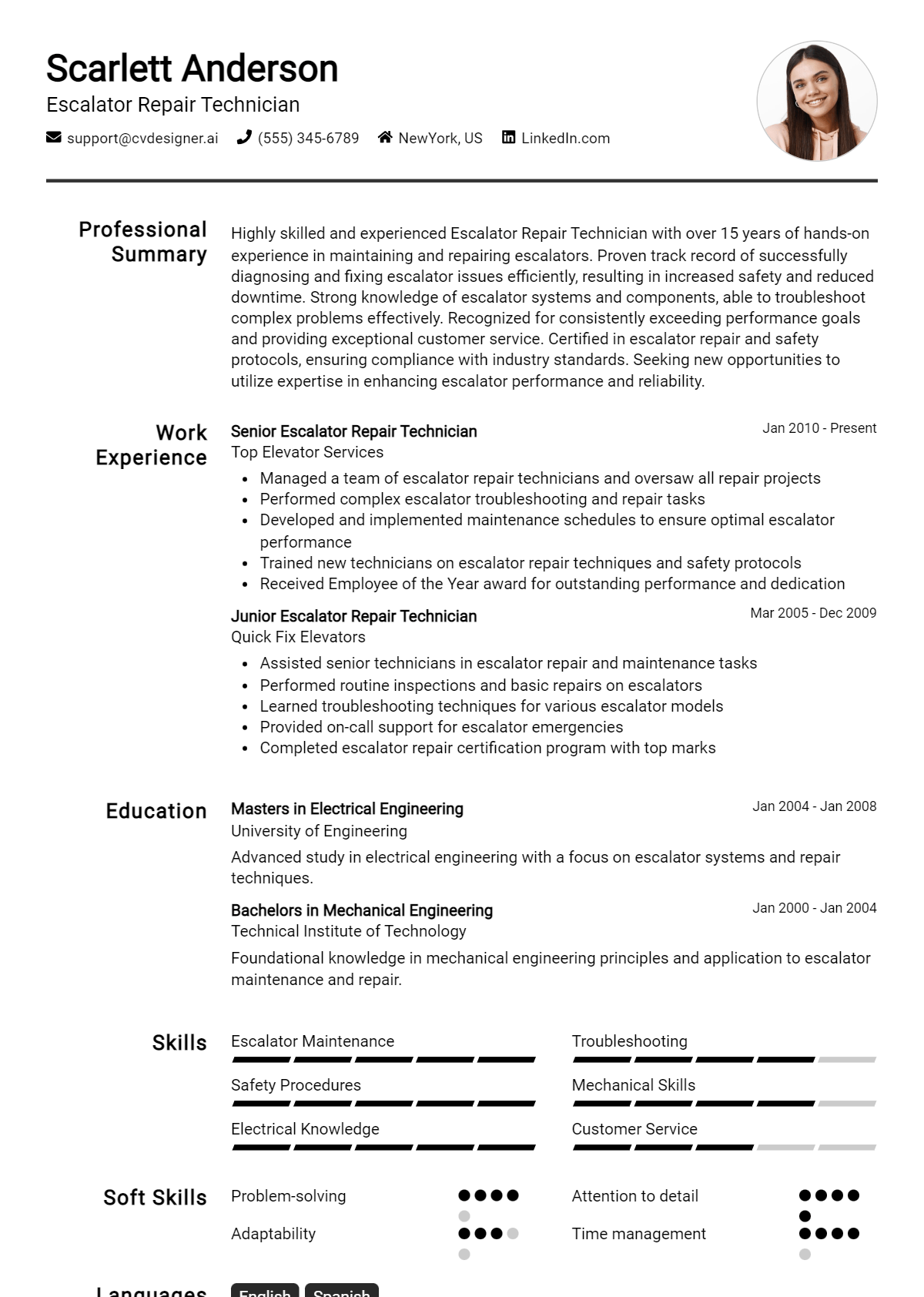 Escalator Repair Technician Resume Example