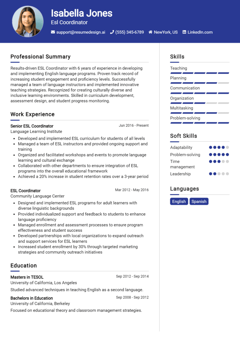 16 ESL Coordinator Resume Examples And Templates for 2025