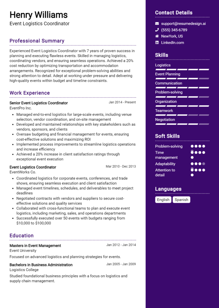 Event Logistics Coordinator Resume Example