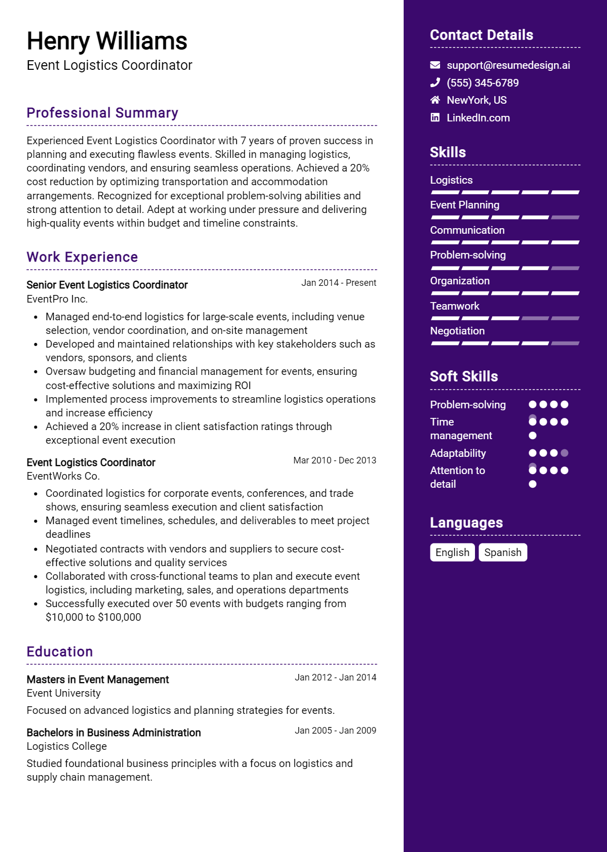 Event Logistics Coordinator Resume Example