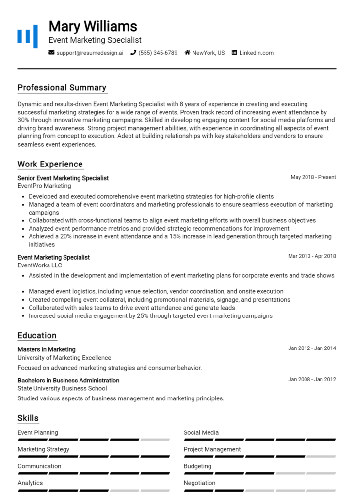 Event Marketing Specialist Resume Example