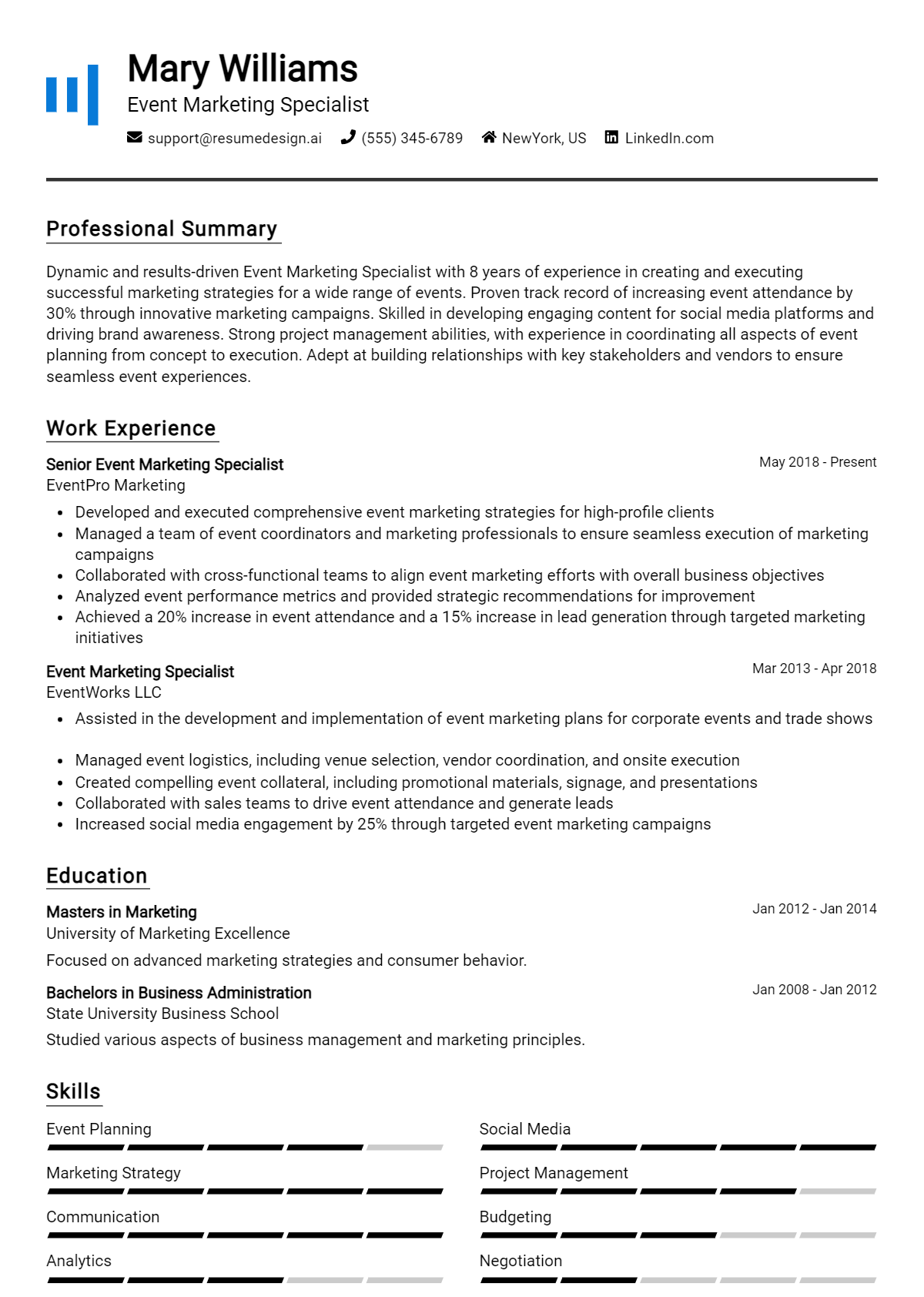 Event Marketing Specialist Resume Example